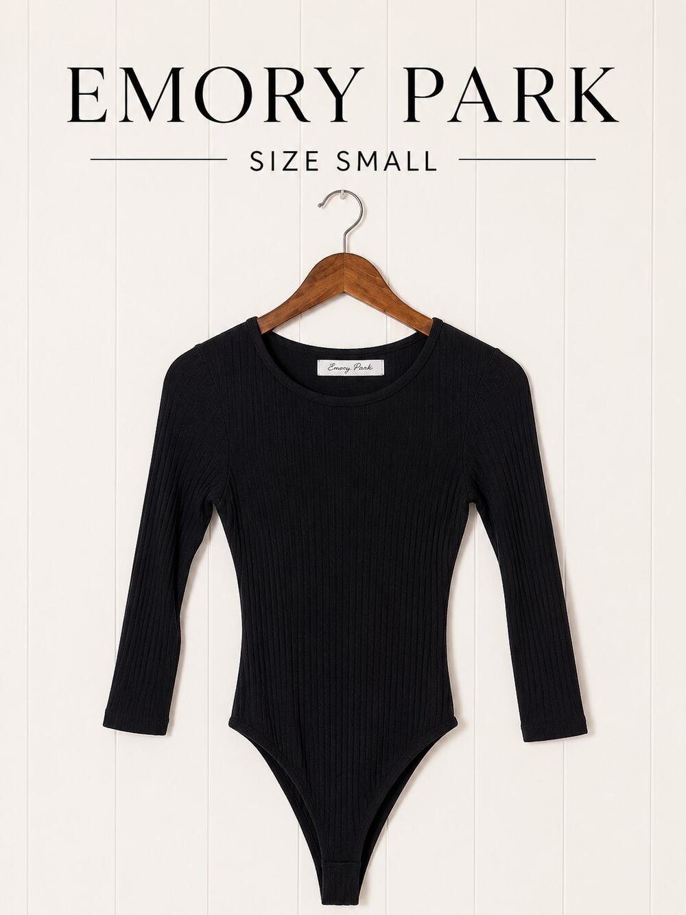 Emory Park Small Black Ribbed Bodysuit Long Sleeve Stretch Minimalist Top